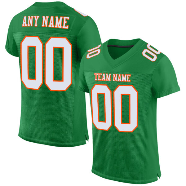 KellyGreen0287_a4a2417c-5cb3-4a45-b90b-398dd3ae9fae Custom Grass Green White-Orange Mesh Authentic Football Jersey