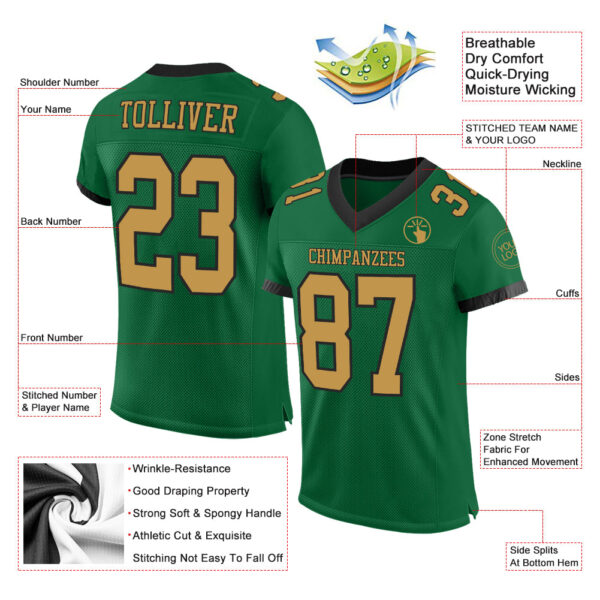 KellyGreen0453-1 Custom Kelly Green Old Gold-Black Mesh Authentic Football Jersey