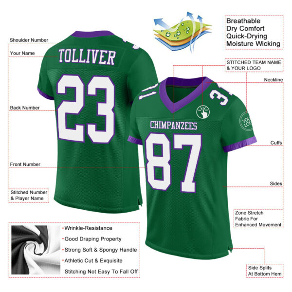 KellyGreen0455-1 Custom Kelly Green White-Purple Mesh Authentic Football Jersey