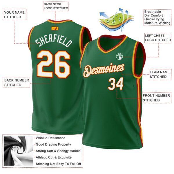 Custom Kelly Green Gold-Red Authentic Throwback Basketball Jersey