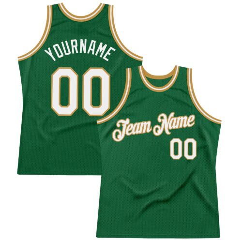 KellyGreen0739 Custom Kelly Green White-Old Gold Authentic Throwback Basketball Jersey