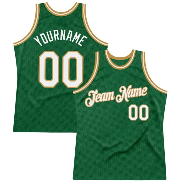 Custom Kelly Green White-Old Gold Authentic Throwback Basketball Jersey