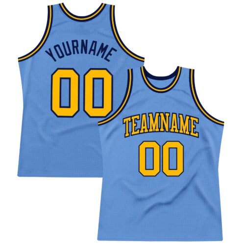 LightBlue0307 Custom Light Blue Gold-Navy Authentic Throwback Basketball Jersey