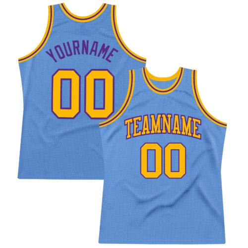 LightBlue0315 Custom Light Blue Gold-Purple Authentic Throwback Basketball Jersey