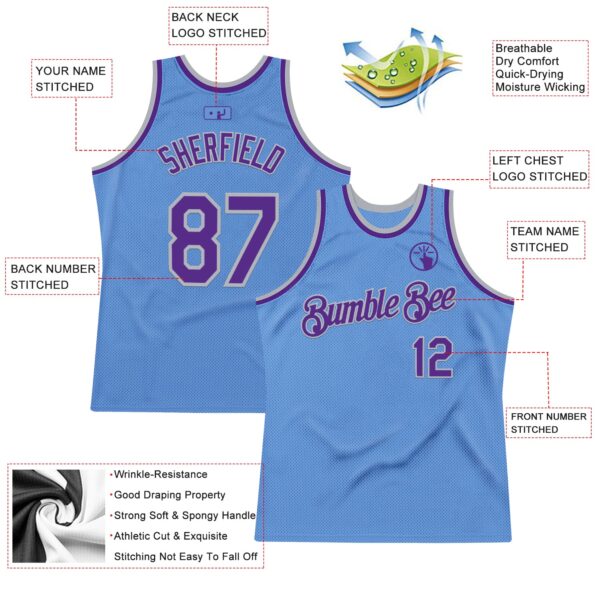Custom Light Blue Purple-Gray Authentic Throwback Basketball Jersey