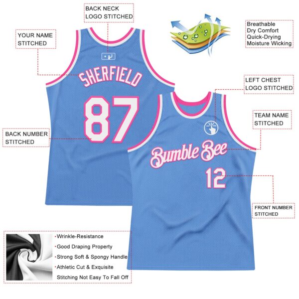 Custom Light Blue White-Pink Authentic Throwback Basketball Jersey