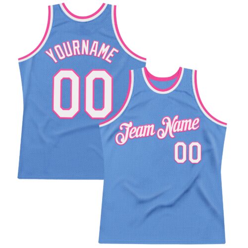 LightBlue0842 Custom Light Blue White-Pink Authentic Throwback Basketball Jersey