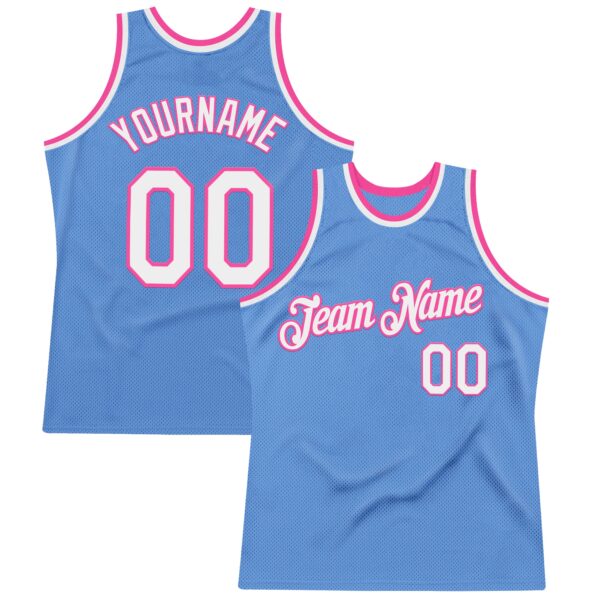 Custom Light Blue White-Pink Authentic Throwback Basketball Jersey