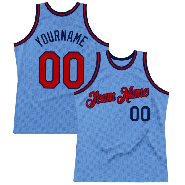 Custom Light Blue Red-Navy Authentic Throwback Basketball Jersey
