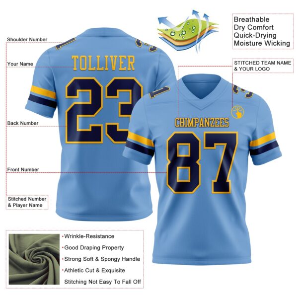 Custom Light Blue Navy-Gold Authentic Football Jersey