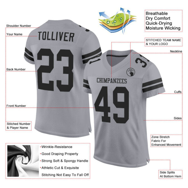 LightGray0011-1 Custom Light Gray Black Mesh Authentic Football Jersey