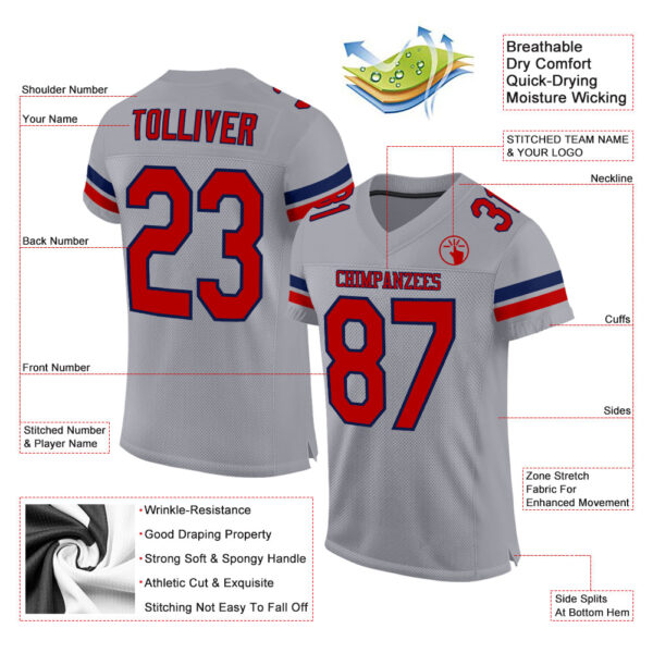 LightGray0016-1 Custom Light Gray Red-Navy Mesh Authentic Football Jersey