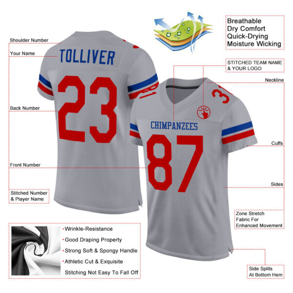 LightGray0017-1 Custom Light Gray Red-Royal Mesh Authentic Football Jersey