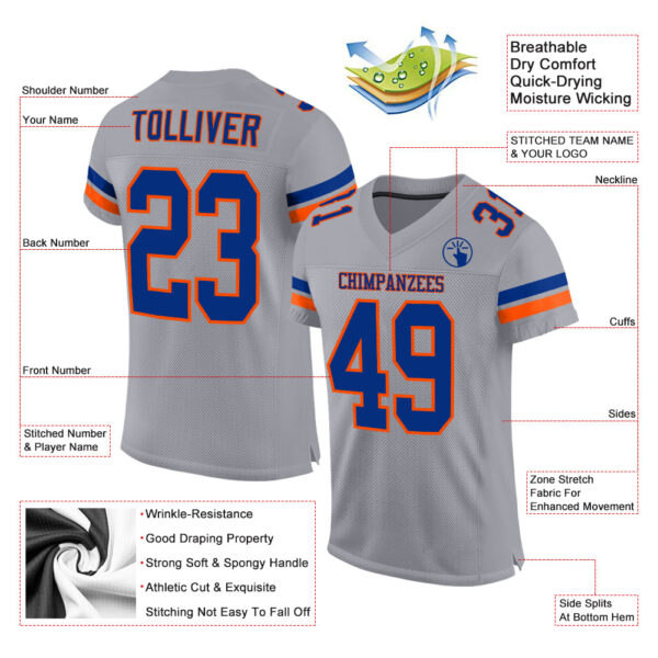 LightGray0018-1 Custom Light Gray Royal-Orange Mesh Authentic Football Jersey