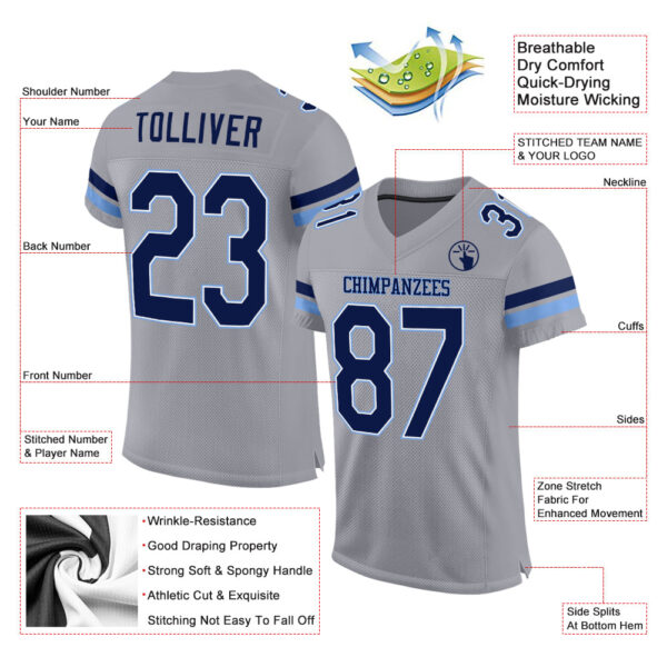 LightGray0021-1 Custom Light Gray Navy-Powder Blue Mesh Authentic Football Jersey