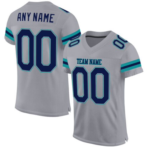 LightGray0027 Custom Light Gray Navy-Aqua Mesh Authentic Football Jersey