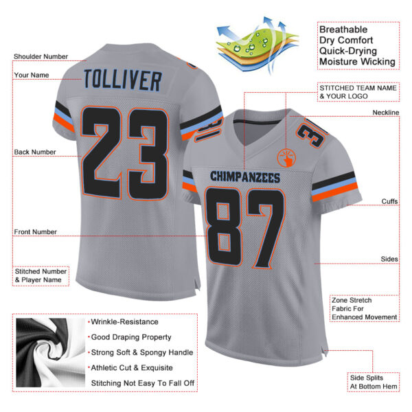 LightGray0034-1 Custom Light Gray Black-Powder Blue Mesh Authentic Football Jersey