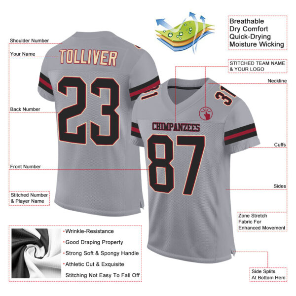 LightGray0035-1 Custom Light Gray Black-Crimson Mesh Authentic Football Jersey