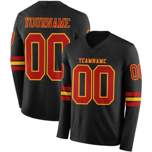 LongSleeve0412 Custom Black Red-Gold Long Sleeve Authentic Football Jersey