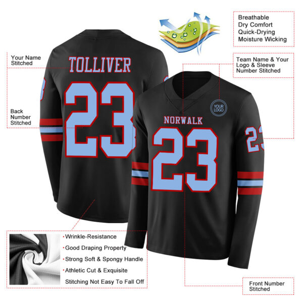 Custom Black Light Blue-Red Long Sleeve Authentic Football Jersey