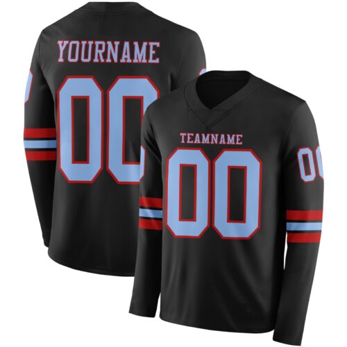 Custom Black Light Blue-Red Long Sleeve Authentic Football Jersey