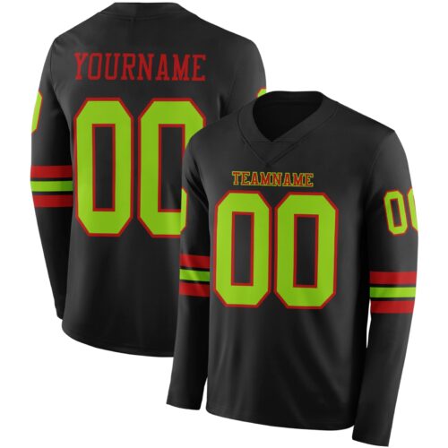 Custom Black Neon Green-Red Long Sleeve Authentic Football Jersey