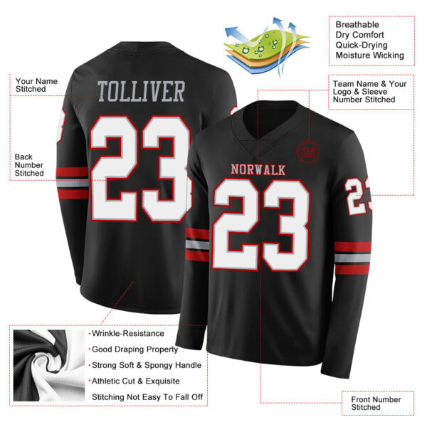 Custom Black White Gray-Red Long Sleeve Authentic Football Jersey