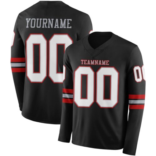 Custom Black White Gray-Red Long Sleeve Authentic Football Jersey