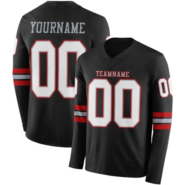 Custom Black White Gray-Red Long Sleeve Authentic Football Jersey