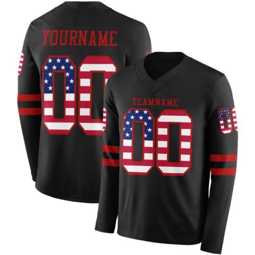 Custom Black USA Flag-Red Long Sleeve Authentic Football Jersey