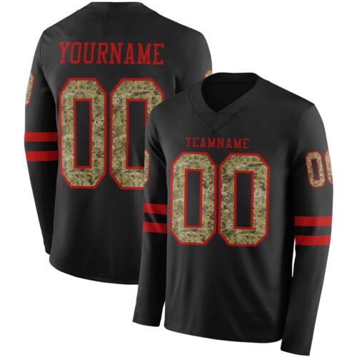 Custom Black Camo-Red Long Sleeve Authentic Football Jersey