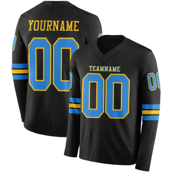 Custom Black Powder Blue-Yellow Long Sleeve Authentic Football Jersey