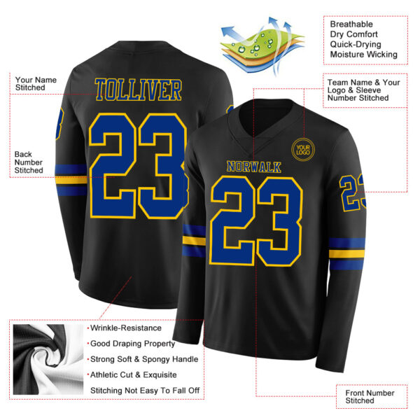 Custom Black Royal-Yellow Long Sleeve Authentic Football Jersey