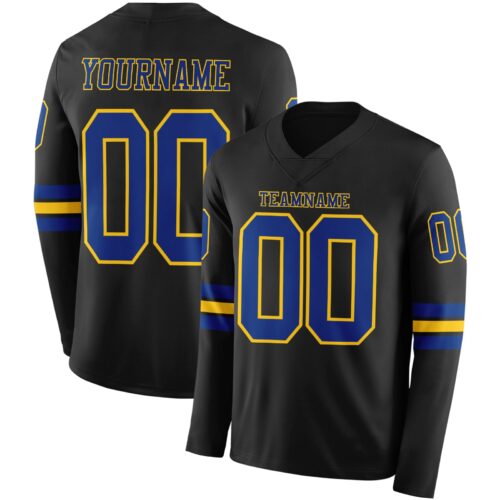 Custom Black Royal-Yellow Long Sleeve Authentic Football Jersey