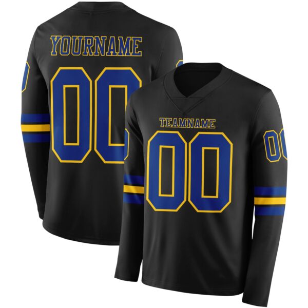 Custom Black Royal-Yellow Long Sleeve Authentic Football Jersey