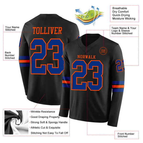 Custom Black Royal-Orange Long Sleeve Authentic Football Jersey