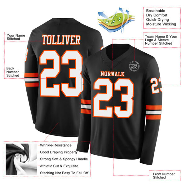 Custom Black White-Orange Long Sleeve Authentic Football Jersey