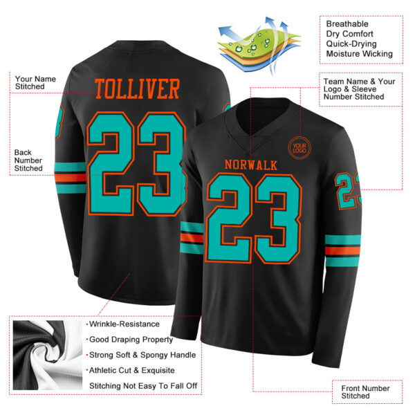 Custom Black Aqua-Orange Long Sleeve Authentic Football Jersey