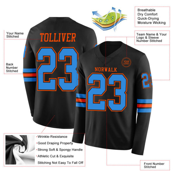 Custom Black Powder Blue-Orange Long Sleeve Authentic Football Jersey