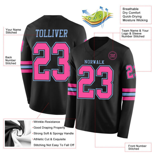Custom Black Pink-Light Blue Long Sleeve Authentic Football Jersey