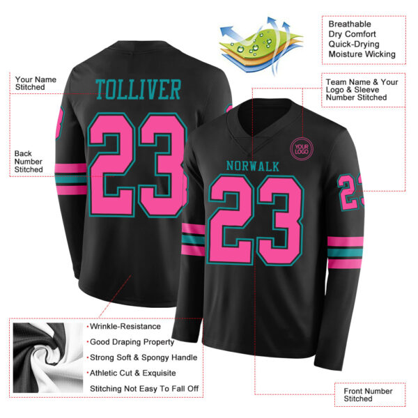 Custom Black Pink-Teal Long Sleeve Authentic Football Jersey