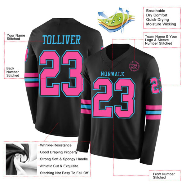 Custom Black Pink-Sky Blue Long Sleeve Authentic Football Jersey