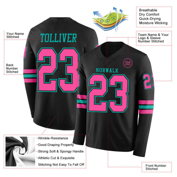 Custom Black Pink-Aqua Long Sleeve Authentic Football Jersey