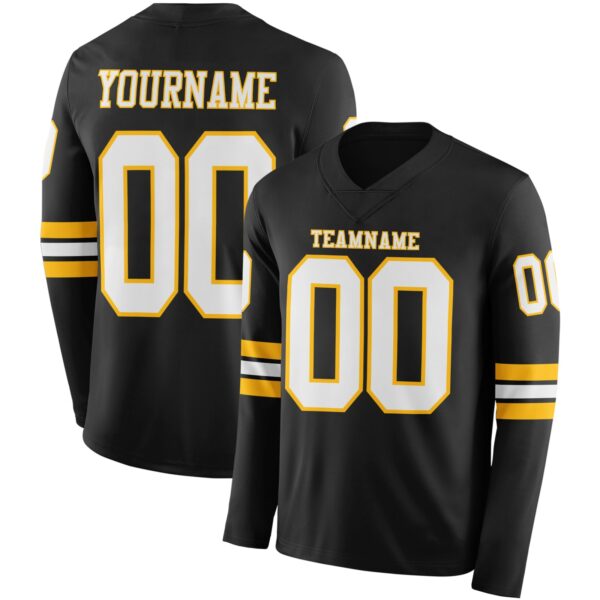 Custom Black White-Gold Long Sleeve Authentic Football Jersey