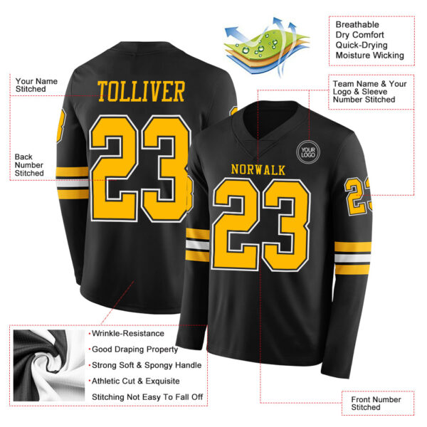 Custom Black Gold-White Long Sleeve Authentic Football Jersey