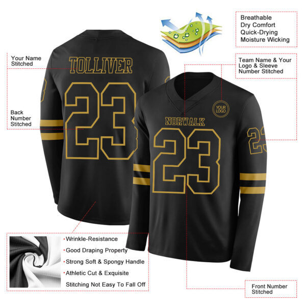Custom Black Old Gold Long Sleeve Authentic Football Jersey