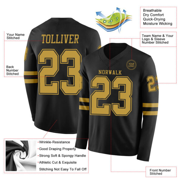 Custom Black Old Gold Long Sleeve Authentic Football Jersey