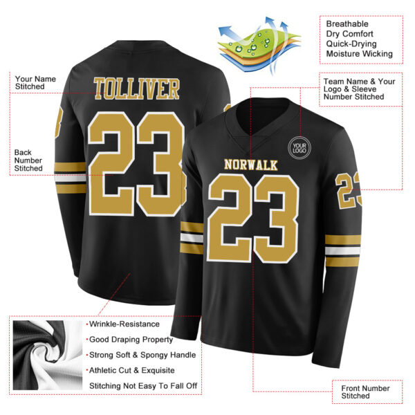 Custom Black Old Gold-White Long Sleeve Authentic Football Jersey