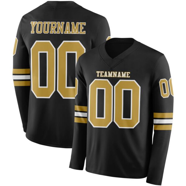 Custom Black Old Gold-White Long Sleeve Authentic Football Jersey
