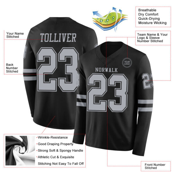 Custom Black Gray Long Sleeve Authentic Football Jersey